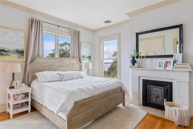 Bedroom, Fireplace, Interior, Wood Texture Flooring