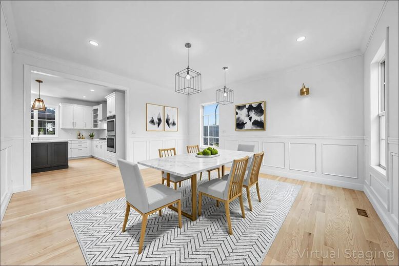 Dining room, Interior, Kitchen, Pendant Lights, Recessed Lighting, Wood Texture Flooring