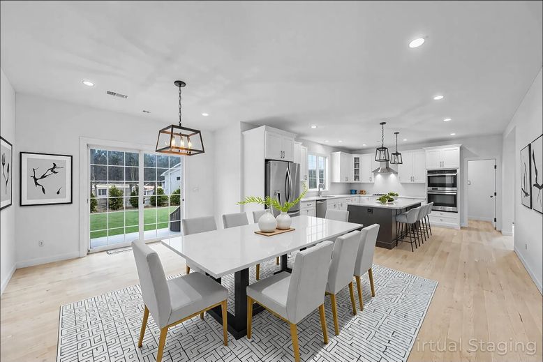 Dining room, Interior, Kitchen, Pendant Lights, Recessed Lighting, Stainless Steel Appliances, Wood Texture Flooring