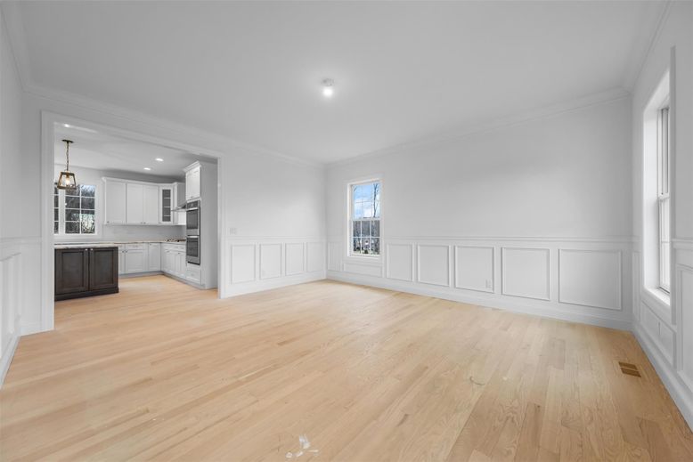 Empty room, Interior, Kitchen, Pendant Lights, Recessed Lighting, Wood Texture Flooring
