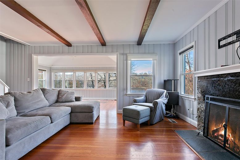 Fireplace, Interior, Living room, Wooden Beams, Wood Texture Flooring