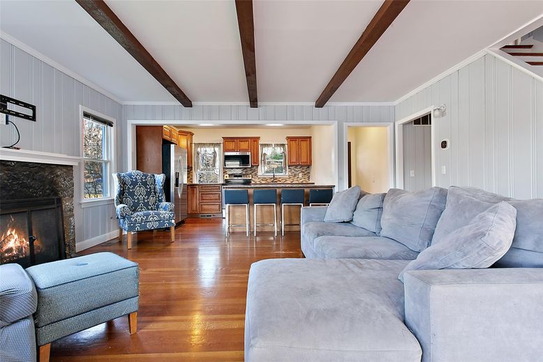 Fireplace, Interior, Kitchen, Living room, Wooden Beams, Wood Texture Flooring