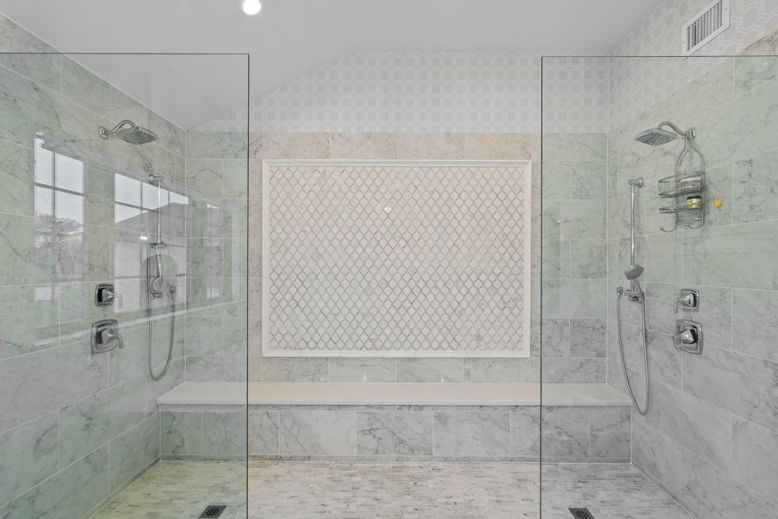 Bathroom, Glass Shower, Interior, Marble Walls, Recessed Lighting