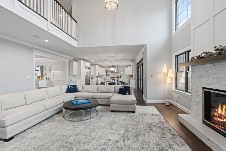 Fireplace, Interior, Kitchen, Living room, Pendant Lights, Recessed Lighting, Stone Walls, Wood Texture Flooring