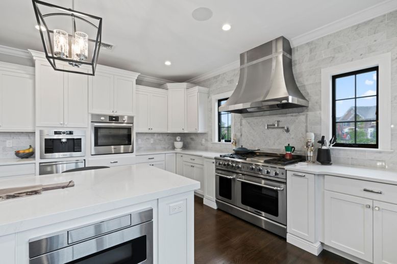 Interior, Kitchen, Recessed Lighting, Stainless Steel Appliances, Stone Walls, Wood Texture Flooring
