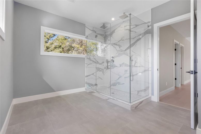 Bathroom, Glass Shower, Interior, Marble Walls, Recessed Lighting