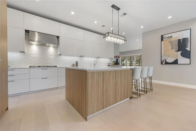 Chandelier, Interior, Kitchen, Pendant Lights, Recessed Lighting, Stainless Steel Appliances, Wood Texture Flooring