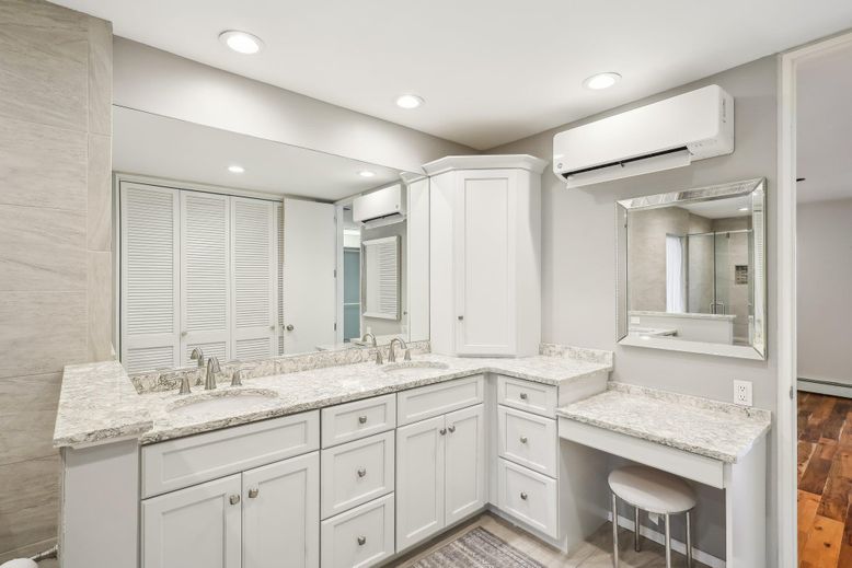 Bathroom, Dual Sink Vanities, Interior, Recessed Lighting, Wood Texture Flooring