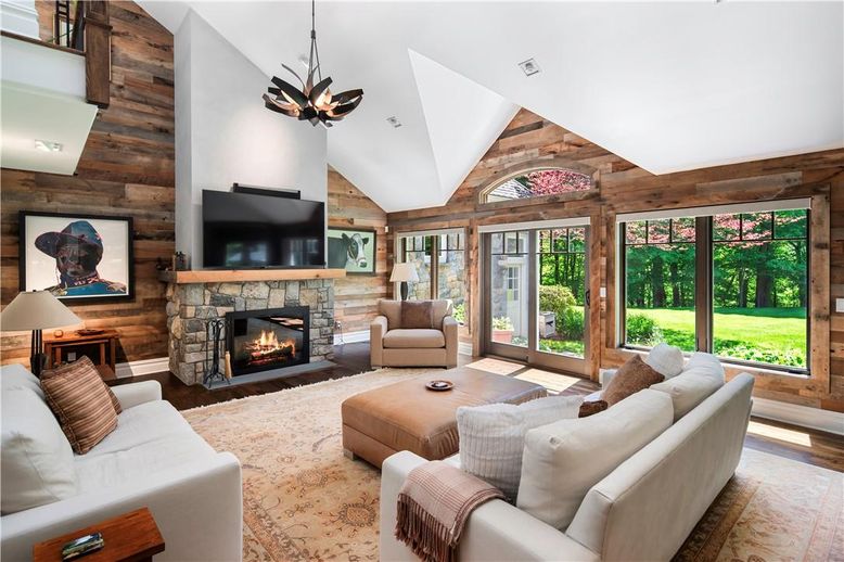 Fireplace, Interior, Living room, Pendant Lights, Wood Texture Flooring, Wooden Walls