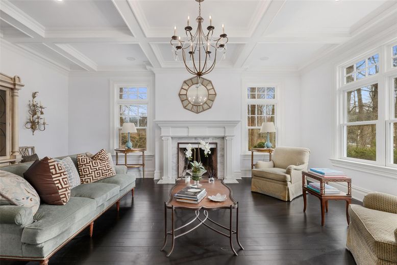 Chandelier, Fireplace, Interior, Living room, Pendant Lights, Recessed Lighting, Wood Texture Flooring
