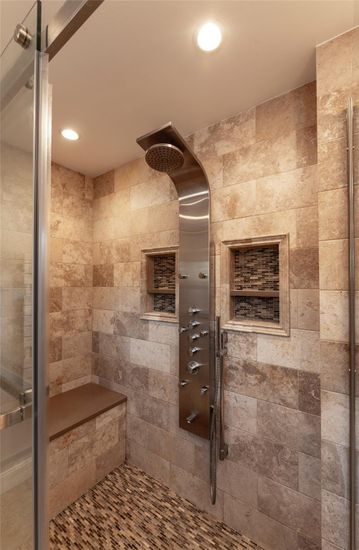Bathroom, Glass Shower, Interior, Recessed Lighting, Stone Walls