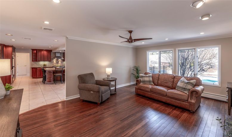 Dining room, Interior, Kitchen, Living room, Recessed Lighting, Wood Texture Flooring