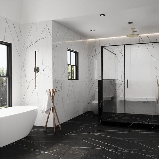 Bathroom, Free Standing Baths, Glass Shower, Interior, Marble, Marble Walls, Recessed Lighting