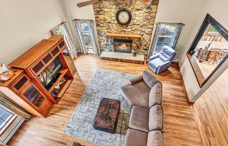 Fireplace, Interior, Living room, Stone Walls, Wooden Beams, Wood Texture Flooring