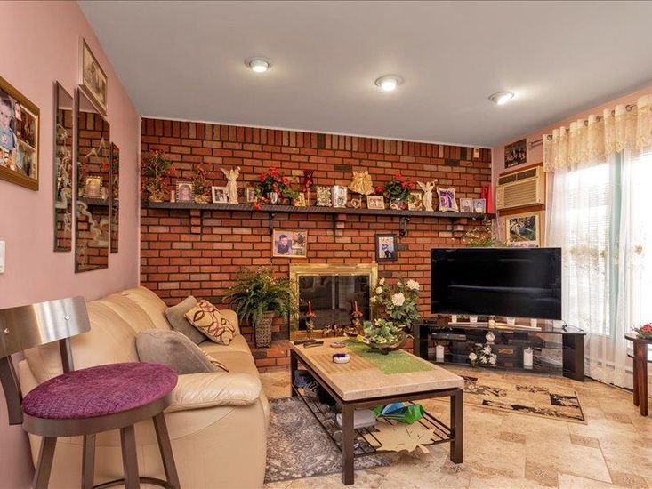 Fireplace, Interior, Living room, Recessed Lighting, Stone Walls
