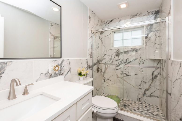 Bathroom, Glass Shower, Interior, Marble Walls, Recessed Lighting
