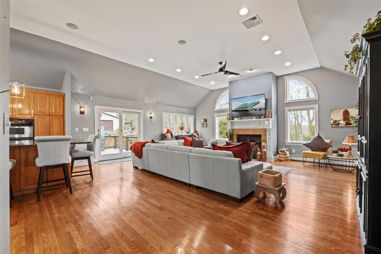 Fireplace, Interior, Kitchen, Living room, Recessed Lighting, Wood Texture Flooring