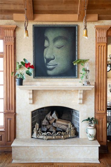 Fireplace, Interior, Pendant Lights, Wood Texture Flooring