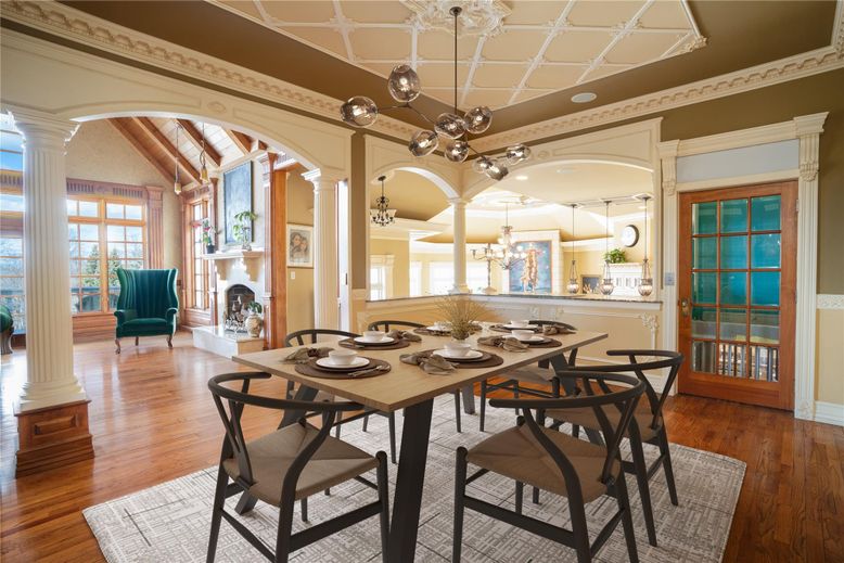 Dining room, Fireplace, Interior, Pendant Lights, Wood Texture Flooring