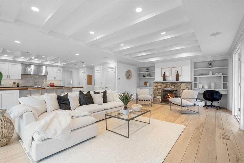 Fireplace, Interior, Kitchen, Living room, Pendant Lights, Recessed Lighting, Wood Texture Flooring