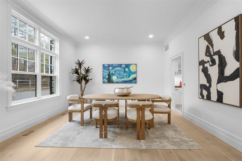 Dining room, Interior, Recessed Lighting, Wood Texture Flooring