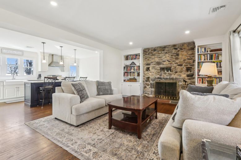 Dining room, Fireplace, Interior, Kitchen, Living room, Pendant Lights, Recessed Lighting, Stone Walls, Wood Texture Flooring