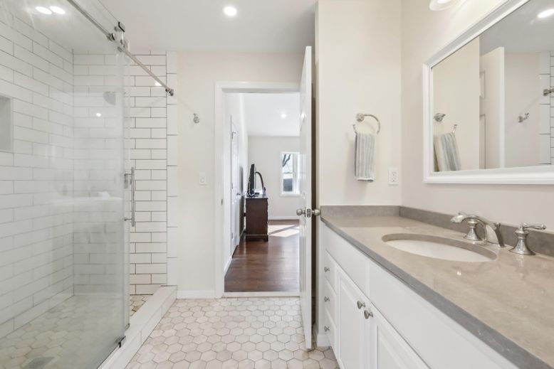 Bathroom, Glass Shower, Interior, Recessed Lighting, Wood Texture Flooring