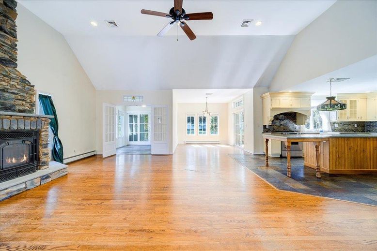Fireplace, Interior, Kitchen, Recessed Lighting, Wood Texture Flooring