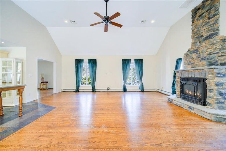 Empty room, Fireplace, Interior, Recessed Lighting, Wood Texture Flooring