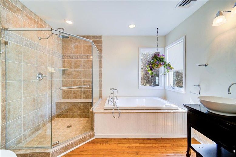 Bathroom, Glass Shower, Interior, Recessed Lighting, Wood Texture Flooring