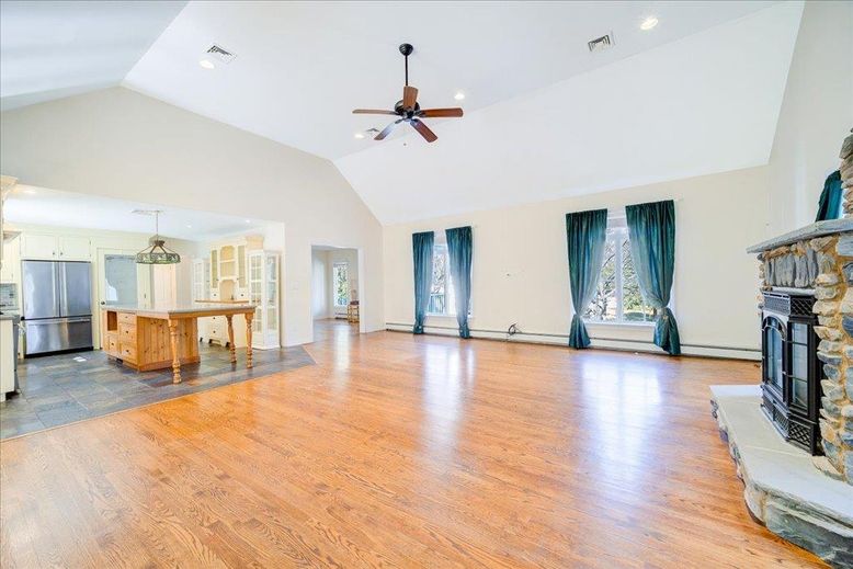 Fireplace, Interior, Kitchen, Pendant Lights, Recessed Lighting, Stainless Steel Appliances, Wood Texture Flooring