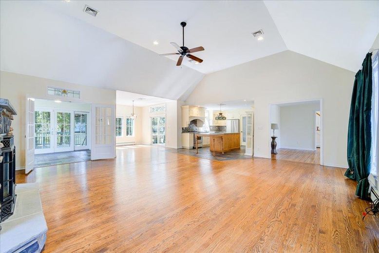 Empty room, Interior, Kitchen, Pendant Lights, Recessed Lighting, Wood Texture Flooring