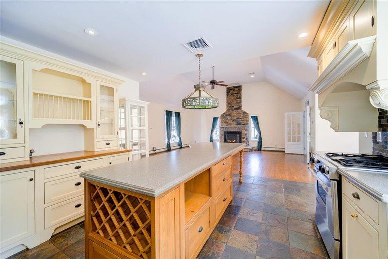Fireplace, Interior, Kitchen, Pendant Lights, Recessed Lighting, Stainless Steel Appliances