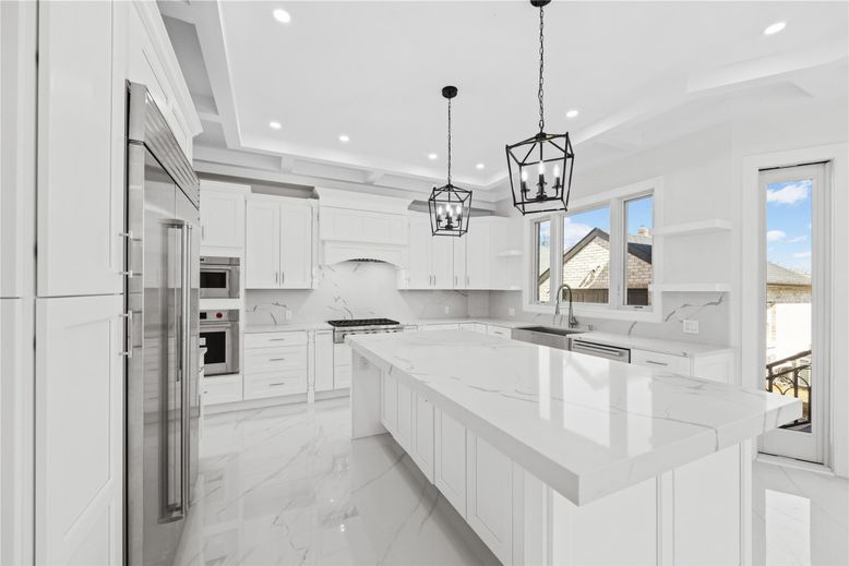 Interior, Kitchen, Marble, Pendant Lights, Recessed Lighting, Stainless Steel Appliances