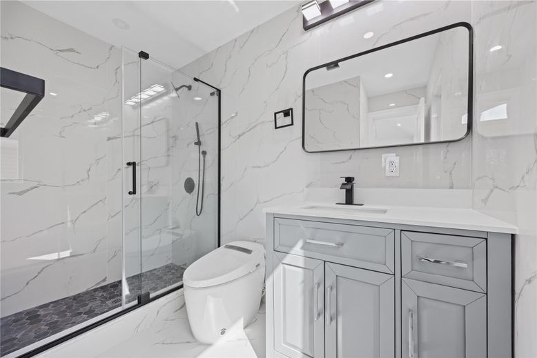 Bathroom, Glass Shower, Interior, Marble, Marble Walls, Recessed Lighting