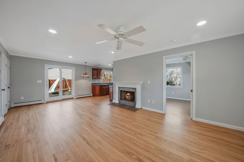 Empty room, Fireplace, Interior, Recessed Lighting, Wood Texture Flooring