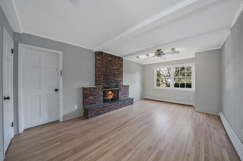 Empty room, Fireplace, Interior, Stone Walls, Wood Texture Flooring