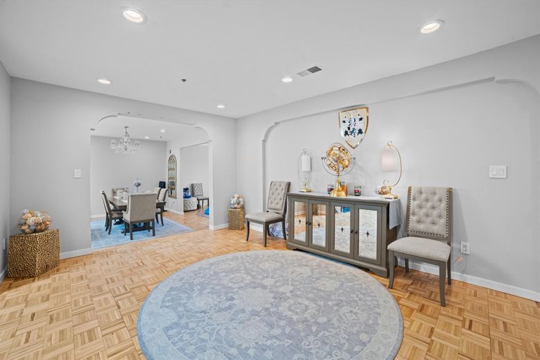 Chandelier, Dining room, Interior, Recessed Lighting, Wood Texture Flooring