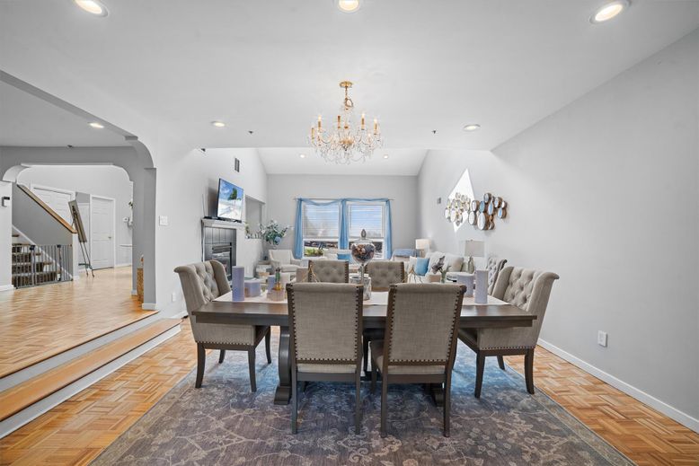 Chandelier, Dining room, Fireplace, Interior, Recessed Lighting, Wood Texture Flooring