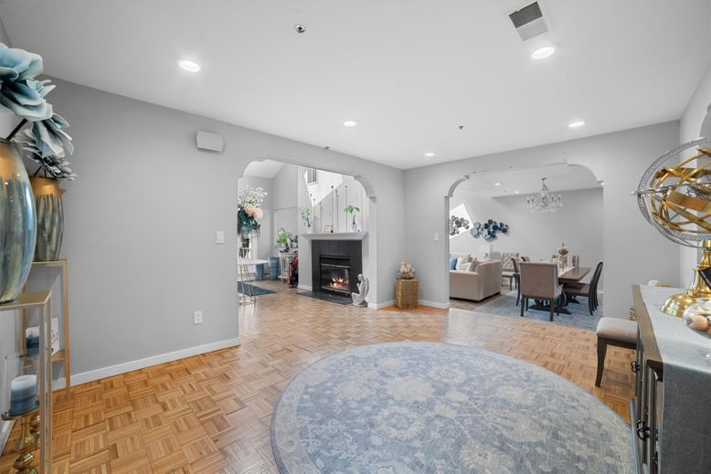 Chandelier, Dining room, Fireplace, Interior, Living room, Recessed Lighting, Wood Texture Flooring