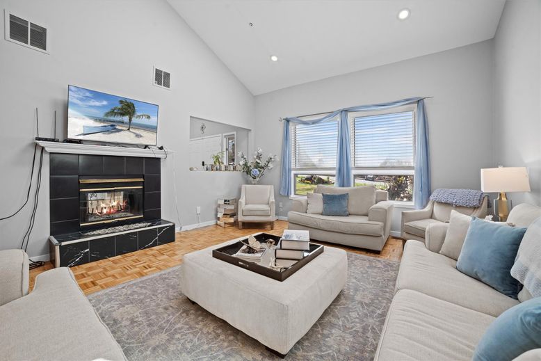 Fireplace, Interior, Living room, Recessed Lighting, Wood Texture Flooring