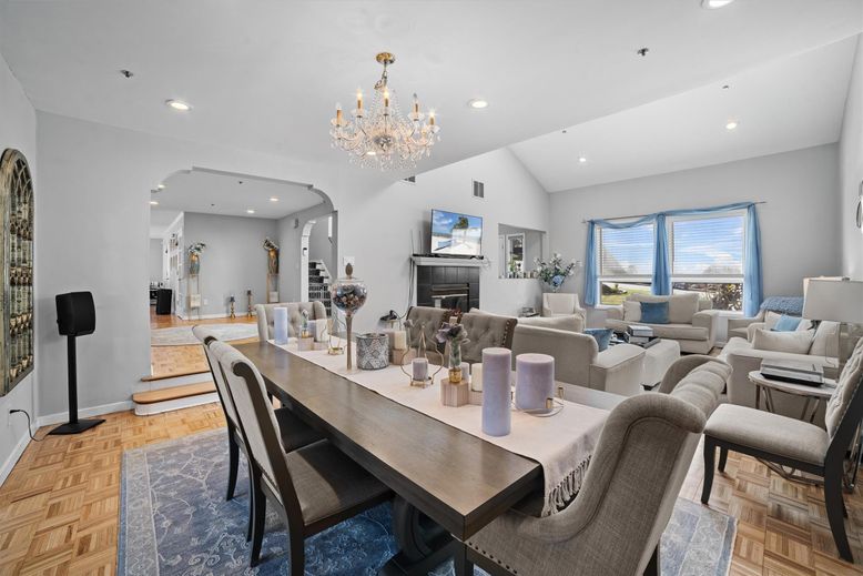 Chandelier, Dining room, Fireplace, Interior, Living room, Recessed Lighting, Wood Texture Flooring