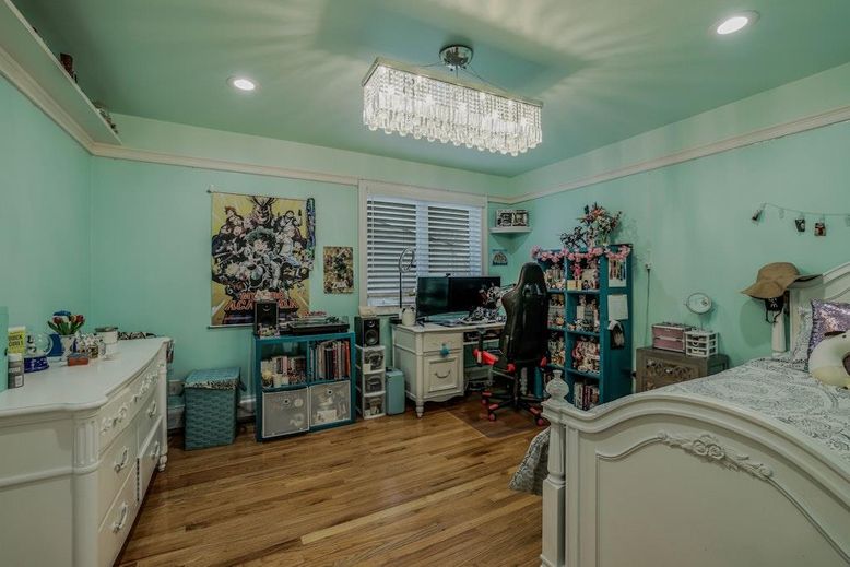 Bedroom, Chandelier, Home Office, Interior, Recessed Lighting, Wood Texture Flooring
