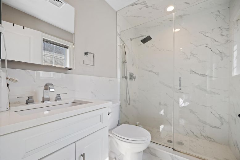 Bathroom, Glass Shower, Interior, Marble Walls, Recessed Lighting