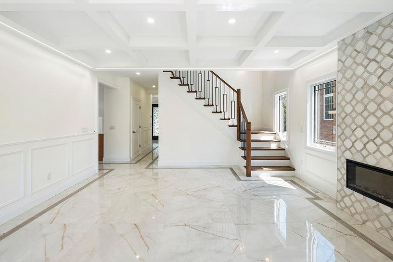 Empty room, Fireplace, Interior, Marble, Recessed Lighting