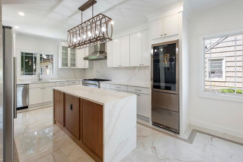 Interior, Kitchen, Marble, Marble Walls, Pendant Lights, Recessed Lighting, Stainless Steel Appliances