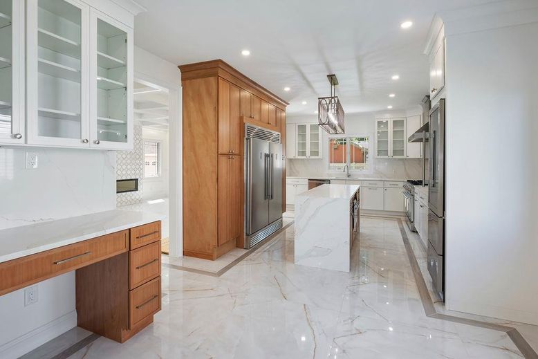 Interior, Kitchen, Marble, Pendant Lights, Recessed Lighting, Stainless Steel Appliances