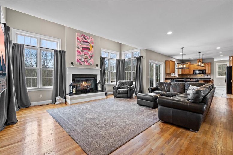 Fireplace, Interior, Kitchen, Living room, Pendant Lights, Recessed Lighting, Wood Texture Flooring