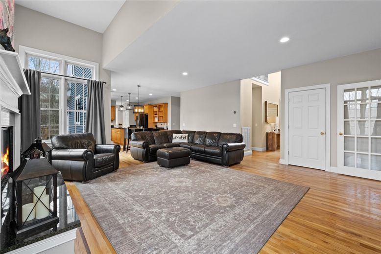 Fireplace, Interior, Kitchen, Living room, Pendant Lights, Recessed Lighting, Wood Texture Flooring