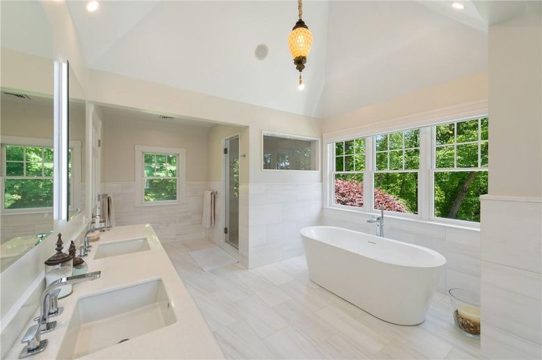 Bathroom, Dual Sink Vanities, Free Standing Baths, Interior, Recessed Lighting, Wood Texture Flooring